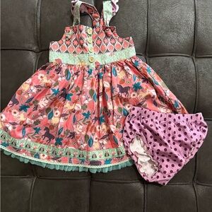 Matilda Jane Pink Floral Horse Print Sundress Set with Purple Polka Dot Bloomers